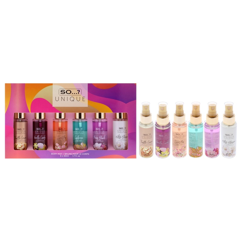 So? Unique Body Mist Set by So? for Women - 6 Pc 1.7oz Body Mist - White Blossom, 1.7oz Body Mist - Vanilla Candy 1.7oz Body Mist - Peony Blush, 1.7oz Body Mist - Sweet Pea, 1.7oz Body Mist - Cashmere, 1.7oz Body Mist - Truffle Cream
