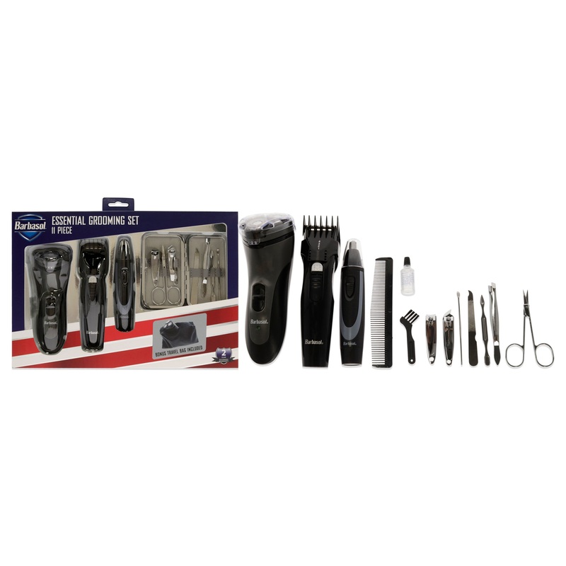 Essential Grooming Set by Barbasol for Men - 10 Pc Body and Beard Trimmer, Ear and Nose Trimmer, 2 Nail Clippers, 2 Cuticle Pusher, Nail Filer, Comb, Safety scissors, 2 AAA batteries