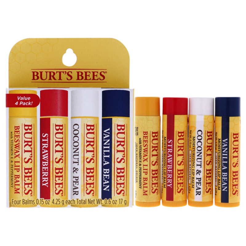 Best Of Burts Moisturizing Lip Balm Set by Burts Bees for Unisex - 4 Pc 0.15oz Lip Balm Beeswax, 0.15oz Lip Balm Strawberry, 0.15oz Lip Balm Coconut and Pear, 0.15oz Lip Balm Vanilla Bean