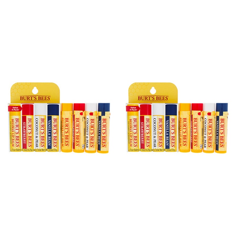 Best Of Burts Moisturizing Lip Balm Set by Burts Bees for Unisex - 4 x 0.15 oz Lip Balm Beeswax, Strawberry, Coconut and Pear, Vanilla Bean - Pack of 2