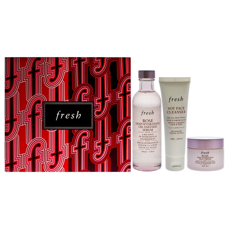Three Step Hydration Heroes Kit by Fresh for Women - 3 Pc 1.6oz Soy Face Cleanser, 3.4oz Deep Hydration Oil Infused Serum - Rose, 1oz Deep Hydration Face Cream - Rose