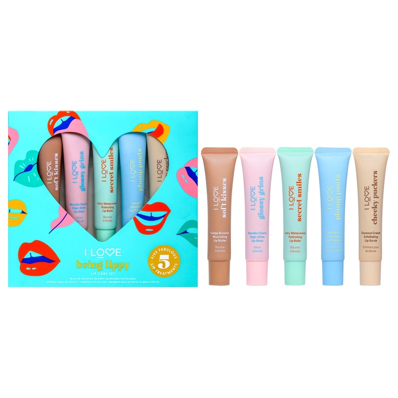 Being Lippy Lip Care Set by I Love Cosmetics for Women - 5 Pc 0.5oz Cheeky Puckers Coconut Cream Exfoliating Lip Scrub, 0.5oz Soft Kisses Fudge Brownie Nourishing Lip Butter, 0.5oz Secret Smile Juicy Watermelon Hydrating Lip Balm, 0.5oz Plump Pouts Soft