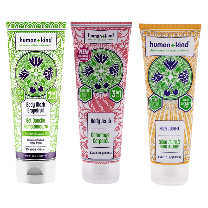 Body Wash - Grapefruit and Scrub and Souffle Cream Kit by Human+Kind for Unisex - 3 Pc Kit 8.45 oz Body Wash , 6.76 oz Scrub, 6.76 oz Body Cream