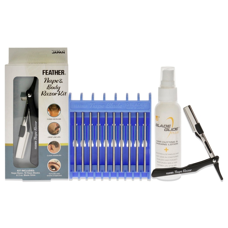 Feather Nape and Body Razor Kit by Jatai for Unisex - 3Pc Nape and Body Razor, 10 Pc of Nape Blades, 2oz. Blade Glide